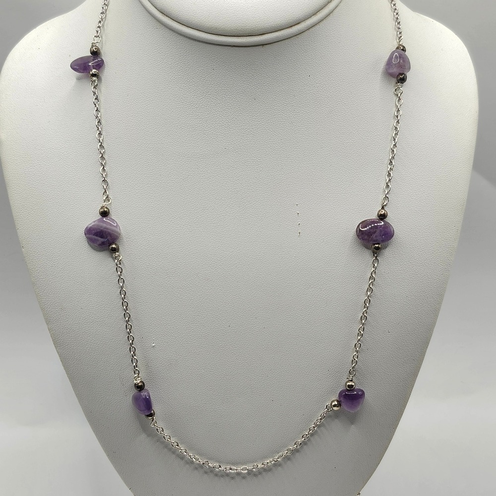 Amethyst Chip Bead Silver Tone Chain Necklace Purple Gemstone Boho Jewelry